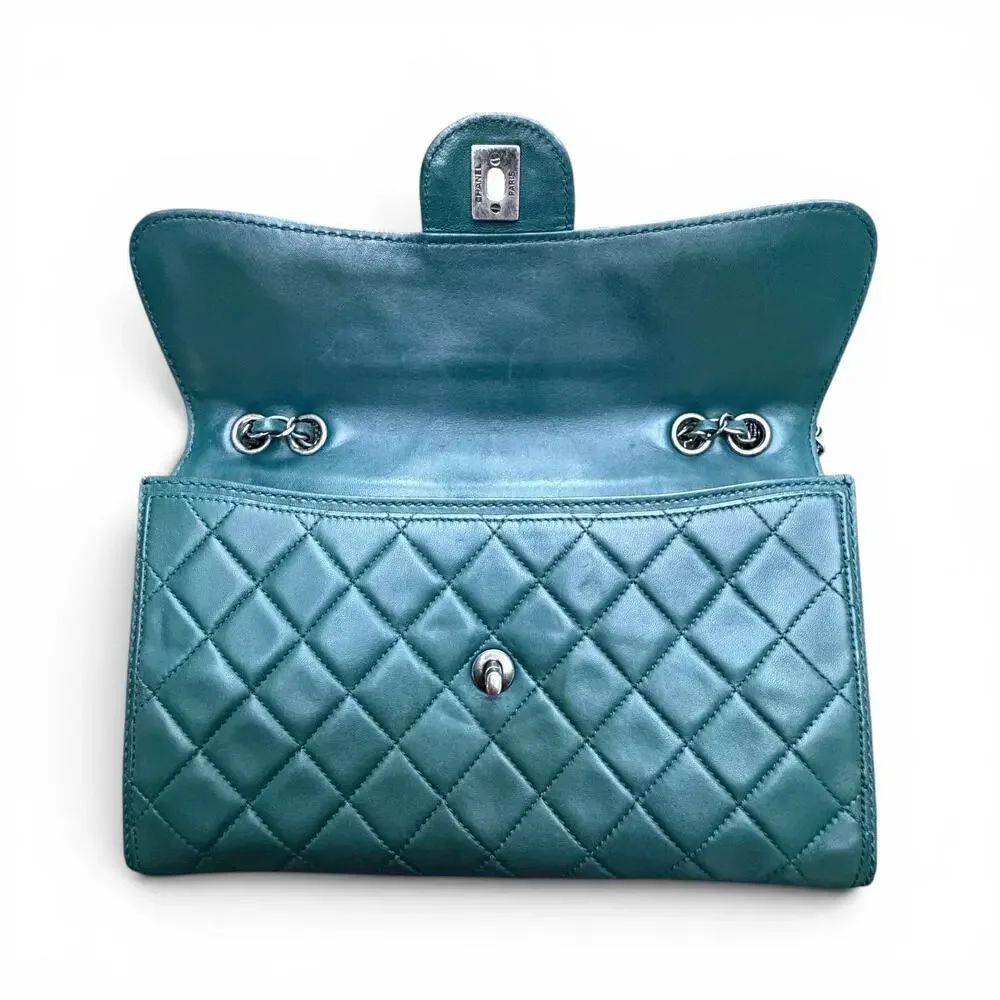 Chanel Classic Flap Jumbo Accordion Dark Green Lambskin Silver Hardware w/ COA